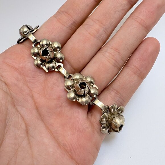VTG Sterling Silver 925 Puffed Flower Design Link Bracelet Size 7.5" Length - Picture 7 of 11